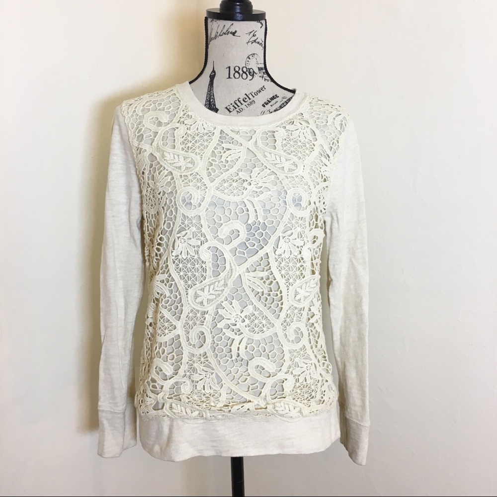 J. Crew Lace Crochet Sweatshirt Cream Medium